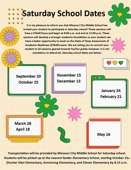  Saturday School Dates